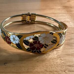 Vintage Cloisonné Floral Enamel Hinged Cuff Bracelet – Gold Tone Boho Chic